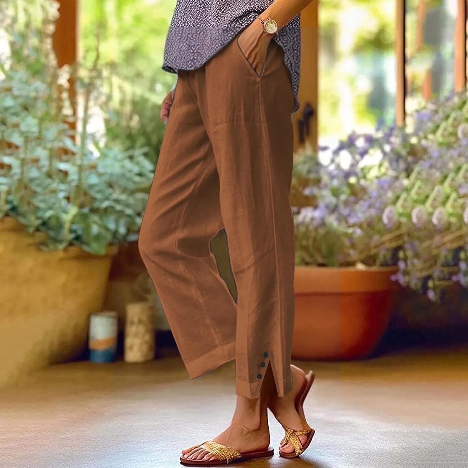 Womens Linen Capris Pants Elastic Waist Drawstring Summer Loose Breathing Cropped Trousers Beach Travel Boho Pants