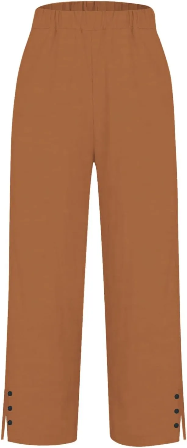 Womens Linen Capris Pants Elastic Waist Drawstring Summer Loose Breathing Cropped Trousers Beach Travel Boho Pants