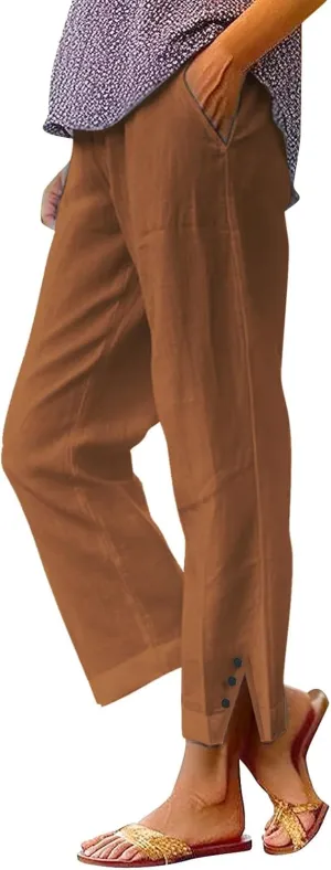 Womens Linen Capris Pants Elastic Waist Drawstring Summer Loose Breathing Cropped Trousers Beach Travel Boho Pants