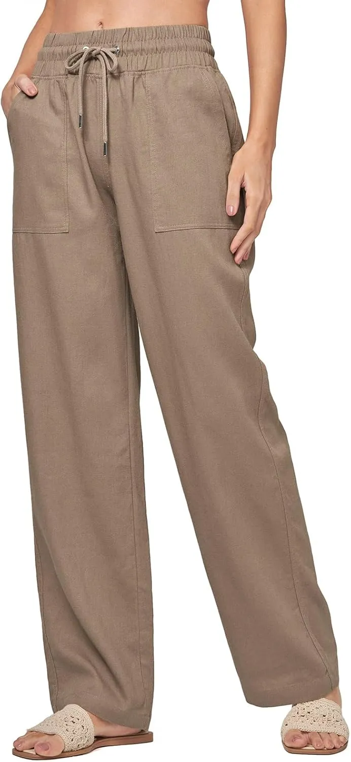 Womens Linen Pant Summer Elastic High Waist Wide Leg Pant Casual Solid Color Drawstring Straight Trouser with Pocket