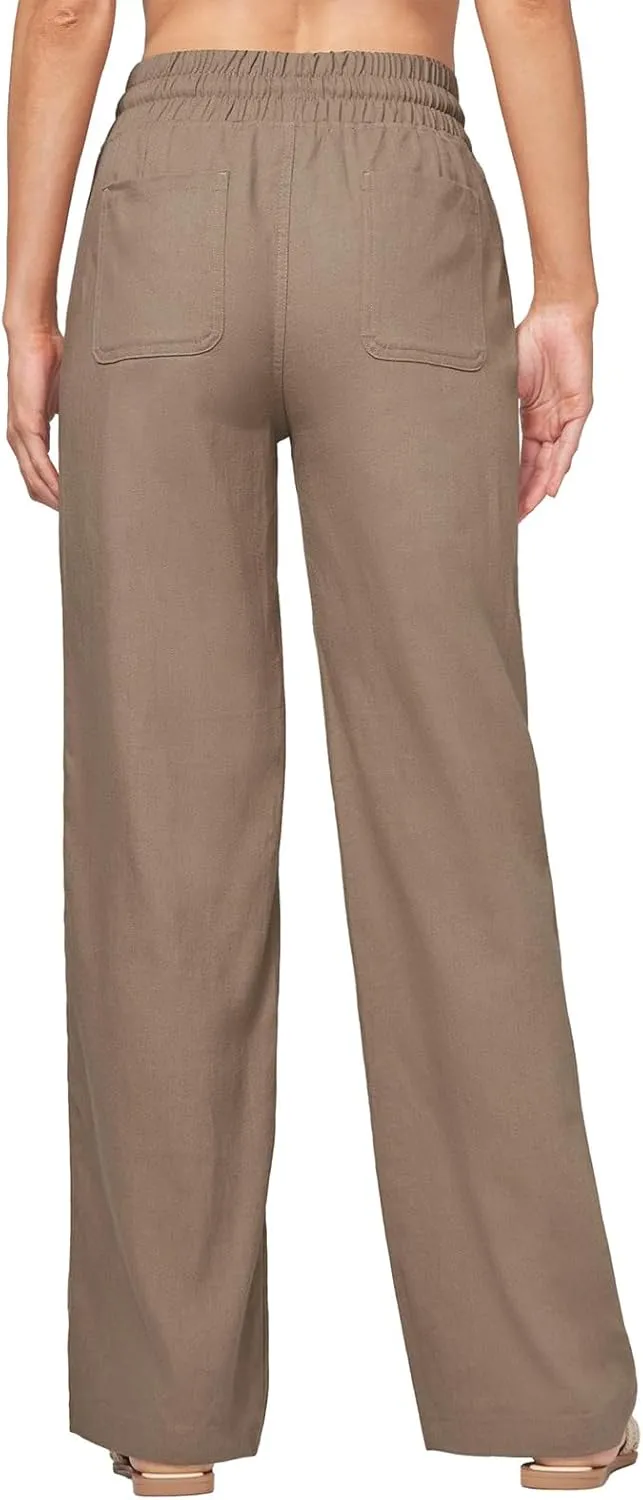 Womens Linen Pant Summer Elastic High Waist Wide Leg Pant Casual Solid Color Drawstring Straight Trouser with Pocket