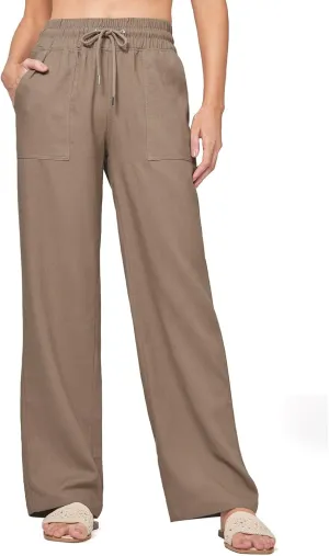 Womens Linen Pant Summer Elastic High Waist Wide Leg Pant Casual Solid Color Drawstring Straight Trouser with Pocket