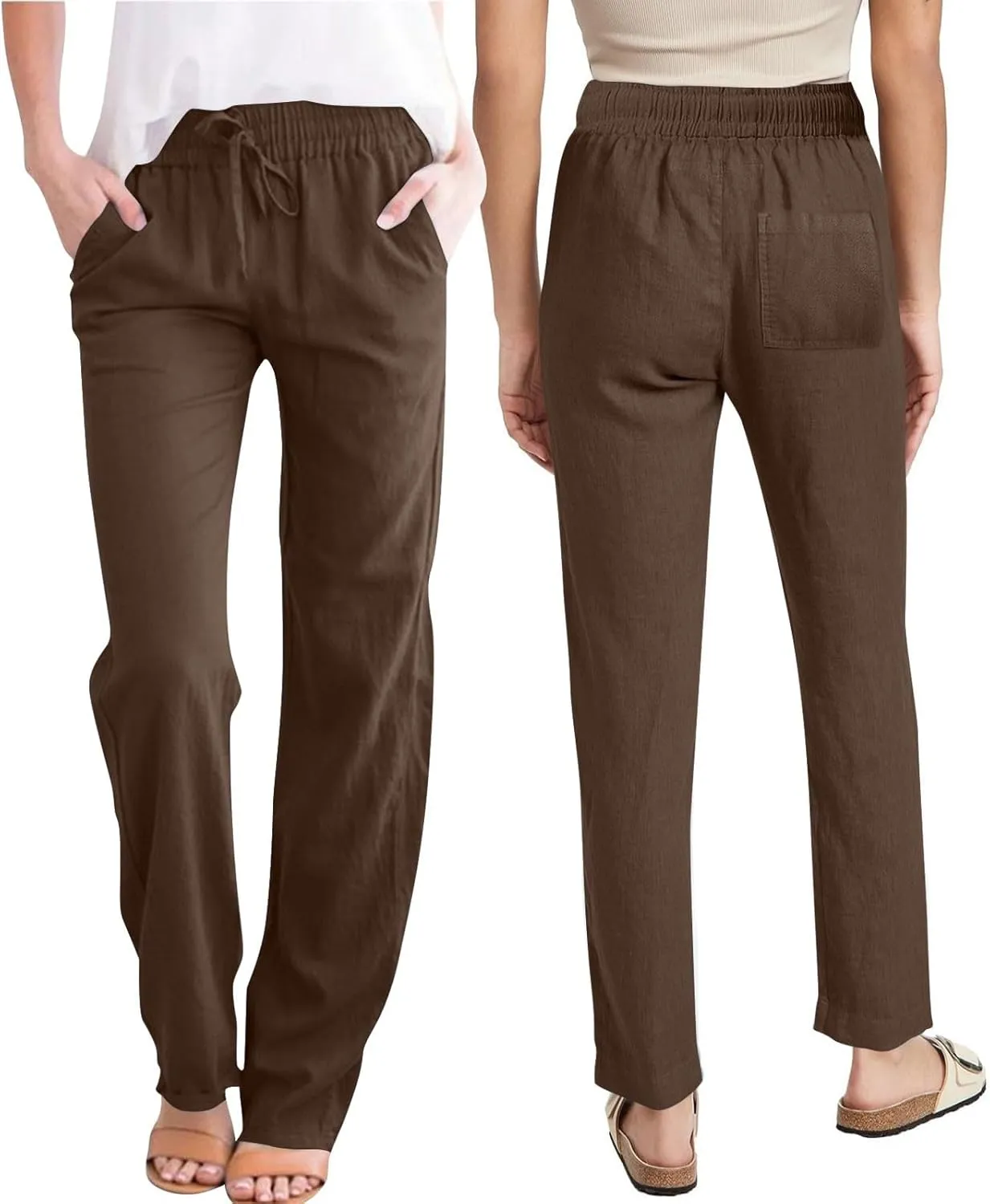 Womens Linen Pants Drawstring High Waisted Linen Pants Summer Casual Beach Wide Leg Pants Trousers with Pockets