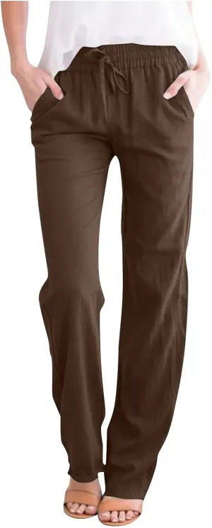 Womens Linen Pants Drawstring High Waisted Linen Pants Summer Casual Beach Wide Leg Pants Trousers with Pockets