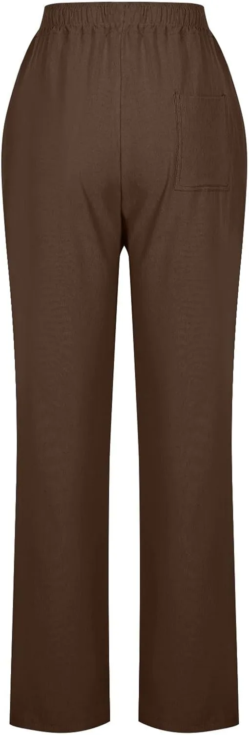 Womens Linen Pants Drawstring High Waisted Linen Pants Summer Casual Beach Wide Leg Pants Trousers with Pockets