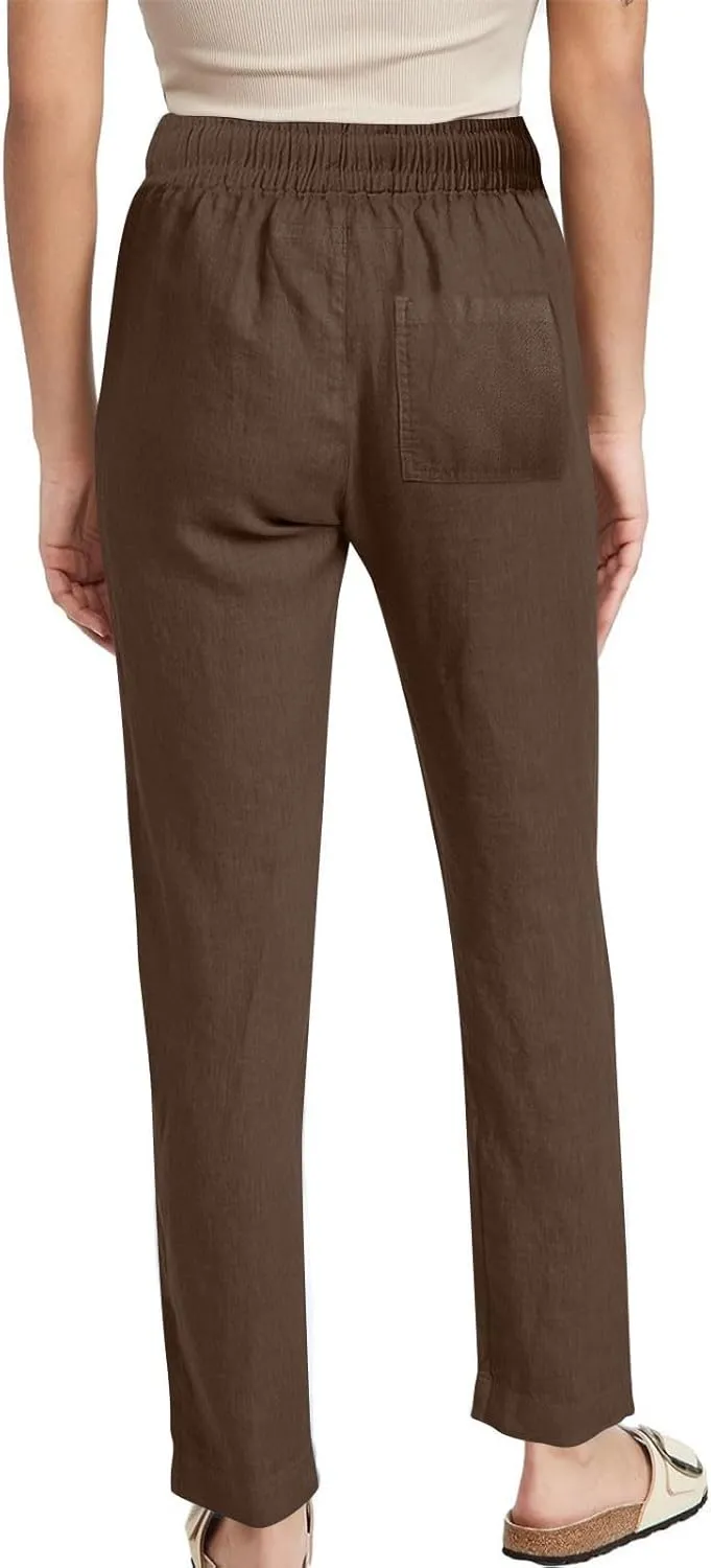 Womens Linen Pants Drawstring High Waisted Linen Pants Summer Casual Beach Wide Leg Pants Trousers with Pockets