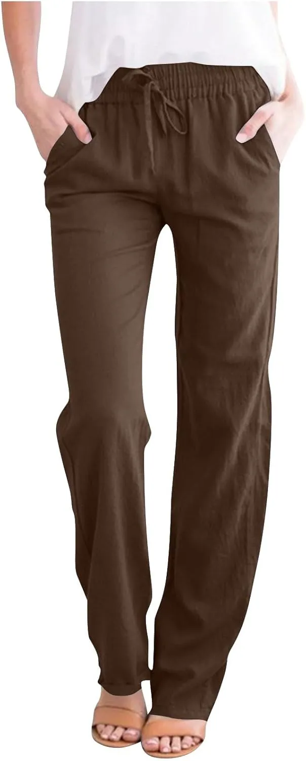 Womens Linen Pants Drawstring High Waisted Linen Pants Summer Casual Beach Wide Leg Pants Trousers with Pockets