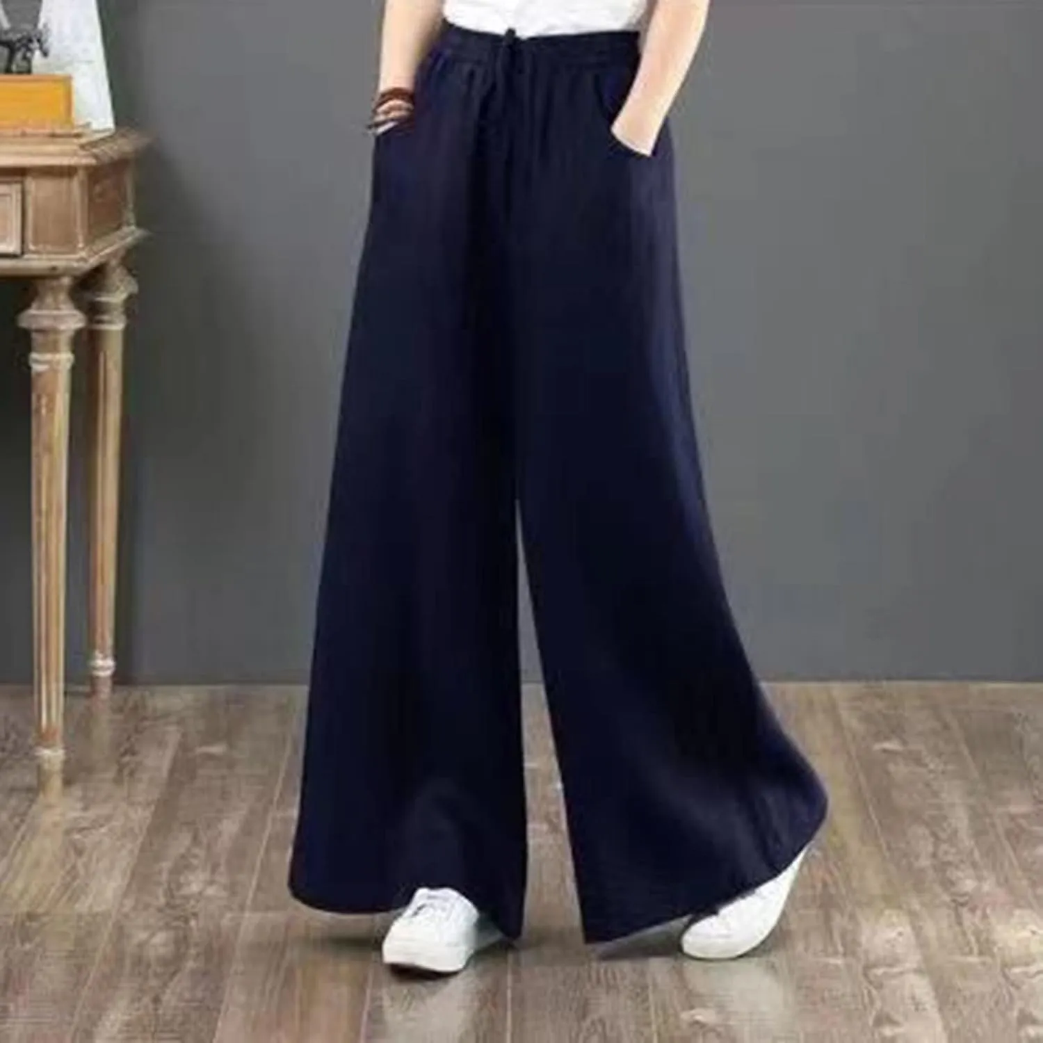 Women's Linen Pants Elastic High Waist Wide Leg Lounge Trousers Summer Loose Fit Beach Pant with Pockets 2025