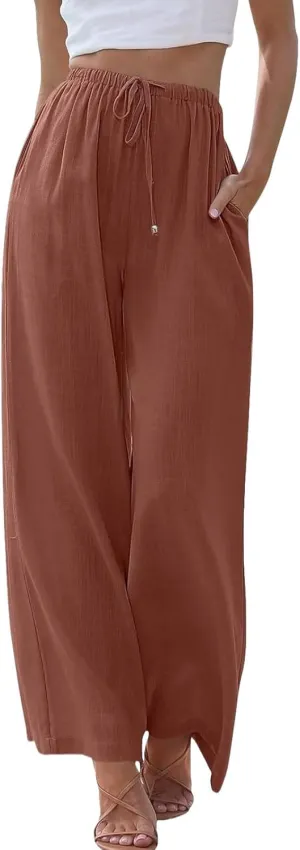 Women's Linen Pants Summer Loose High Waisted Drawstring Wide Leg Pants Casual Lightweight Trousers with Pockets