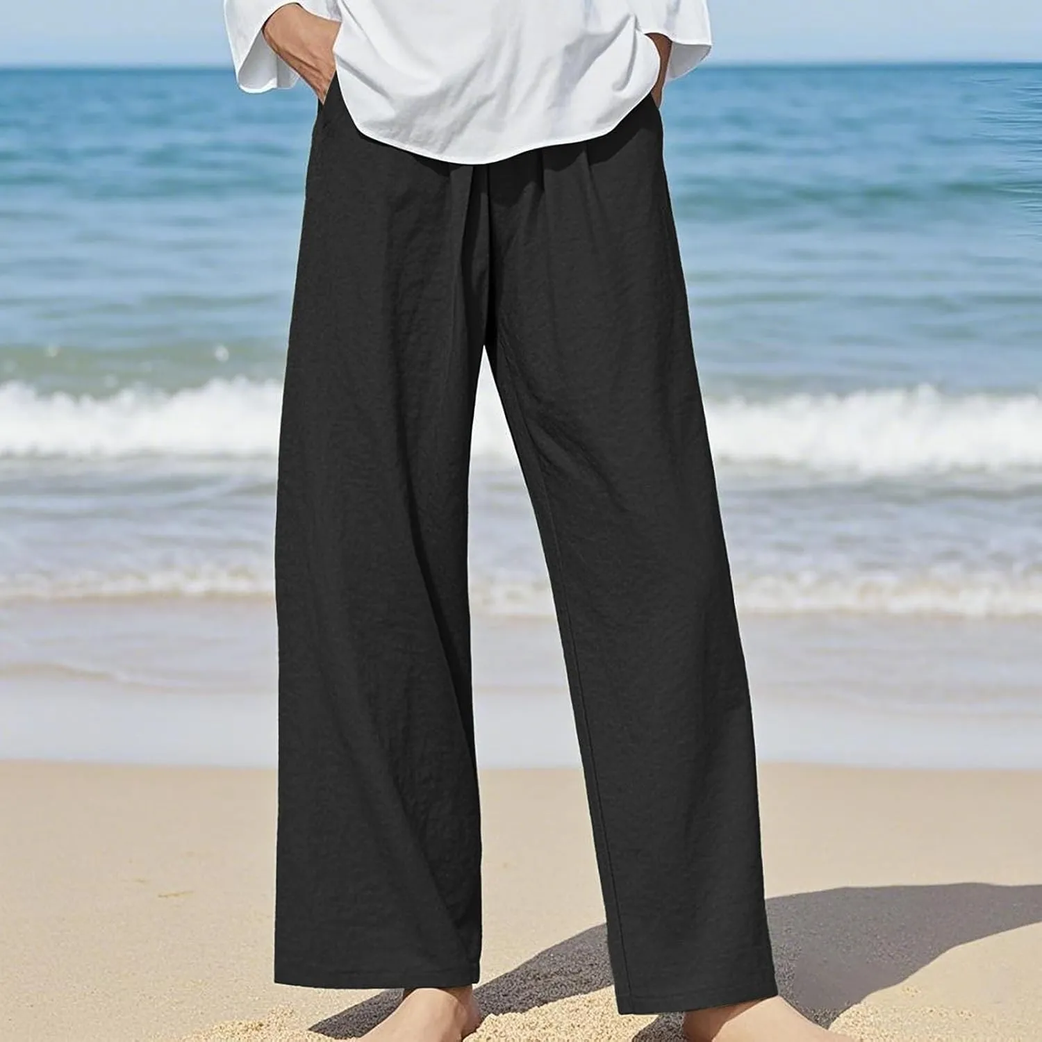 Womens Linen Pants Waist Drawstring Straight Leg Trousers 2025 Summer Loose Fit Comfy Cool Hiking Pants with Pockets