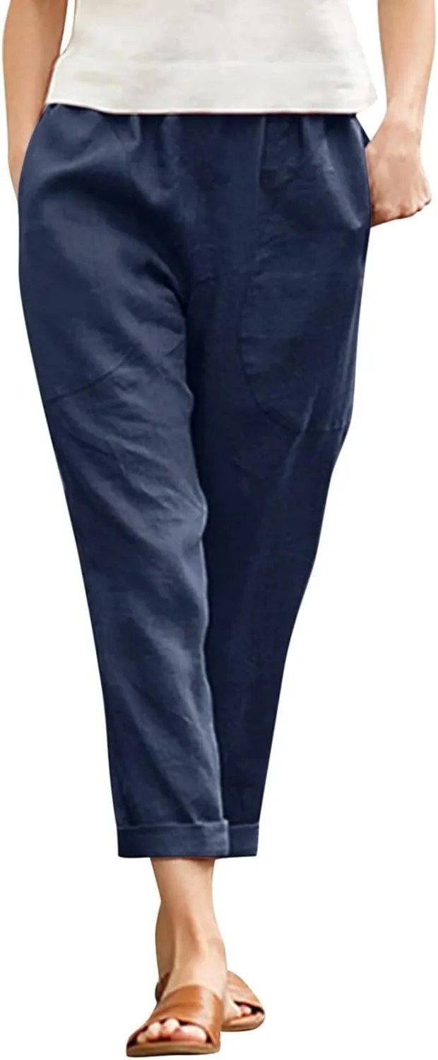 Women's Linen Summer Baggy Pant Trousers Elastic Waisted Wide Leg Loose Fit Trousers Vacation