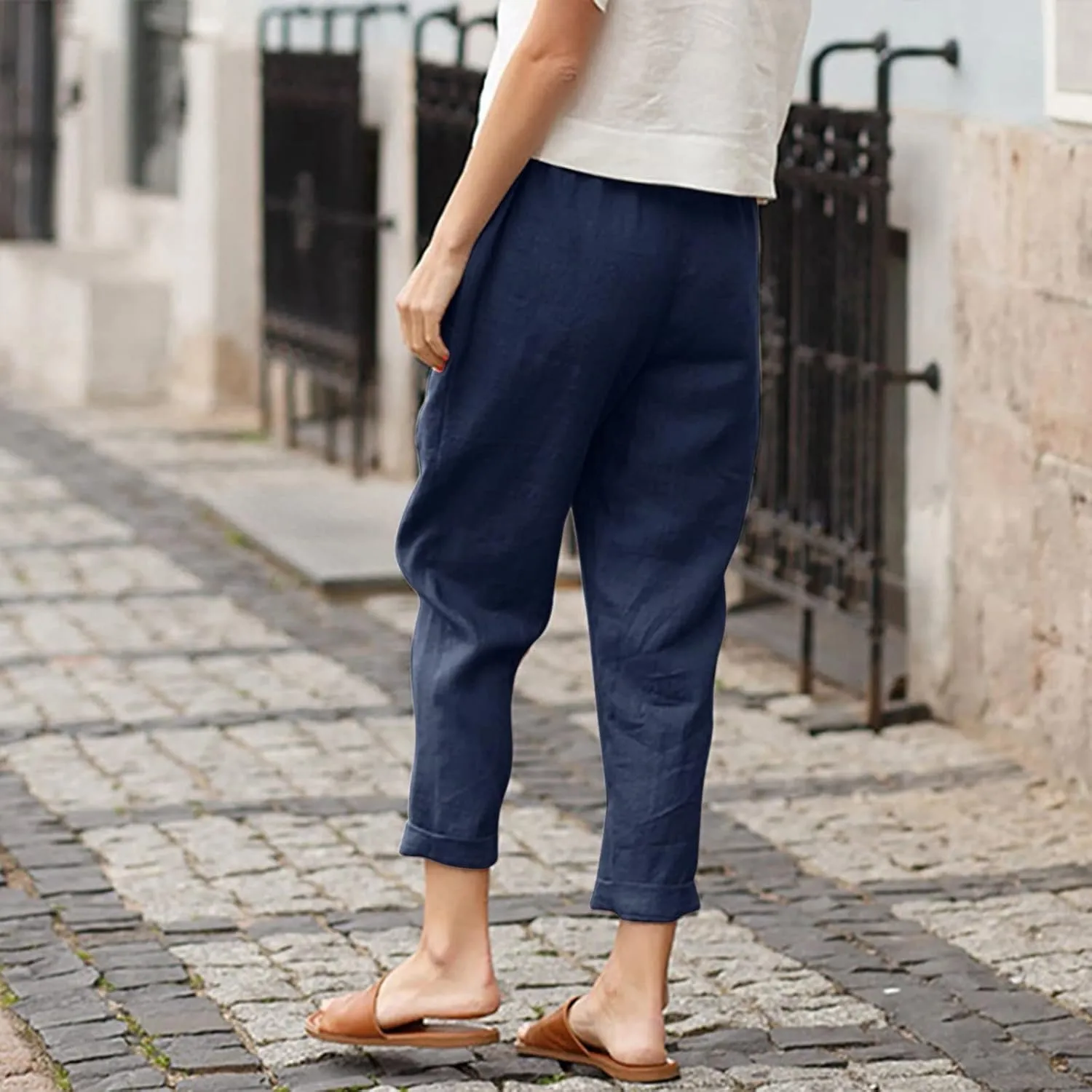 Women's Linen Summer Baggy Pant Trousers Elastic Waisted Wide Leg Loose Fit Trousers Vacation