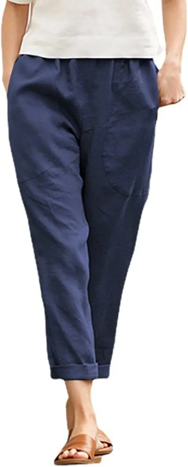 Women's Linen Summer Baggy Pant Trousers Elastic Waisted Wide Leg Loose Fit Trousers Vacation