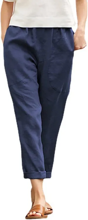 Women's Linen Summer Baggy Pant Trousers Elastic Waisted Wide Leg Loose Fit Trousers Vacation