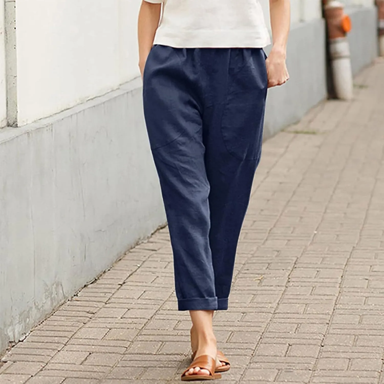 Women's Linen Summer Baggy Pant Trousers Elastic Waisted Wide Leg Loose Fit Trousers Vacation