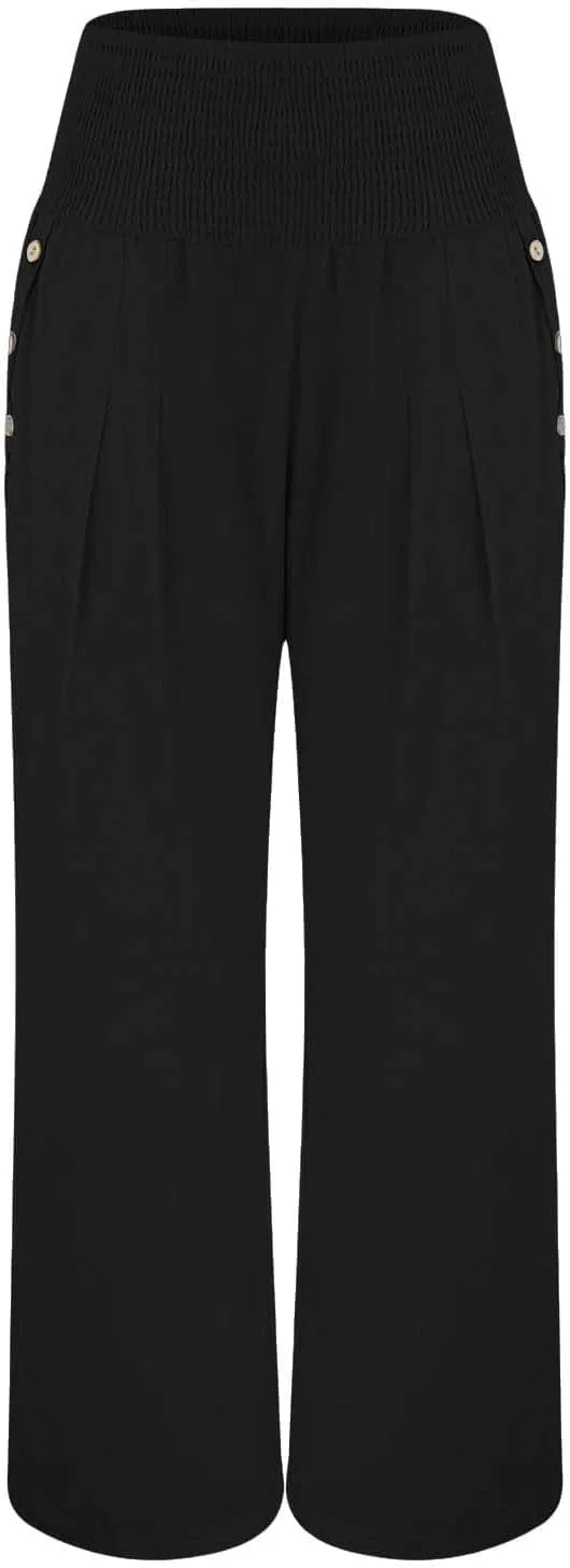 Womens Linen Summer Casual Flowy Pant Trousers High Waist Long Lounge Loose Fit Palazzo Lounge Pants Office