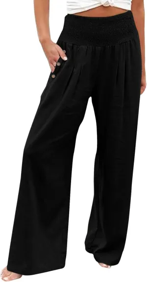 Womens Linen Summer Casual Flowy Pant Trousers High Waist Long Lounge Loose Fit Palazzo Lounge Pants Office