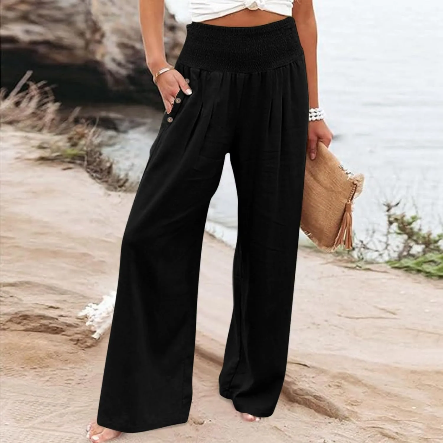 Womens Linen Summer Casual Flowy Pant Trousers High Waist Long Lounge Loose Fit Palazzo Lounge Pants Office