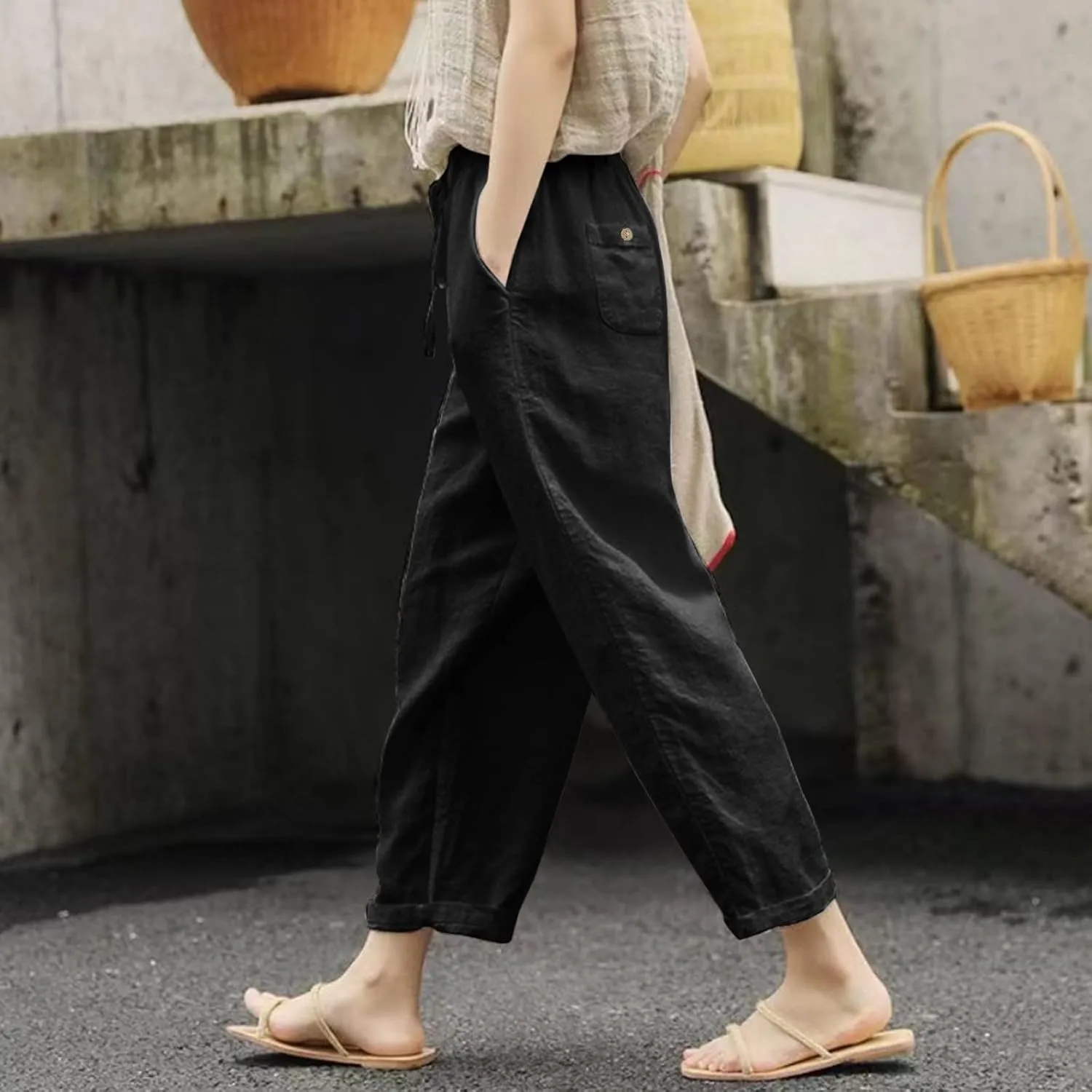 Women's Linen Summer Palazzo Pants Baggy Wide Leg Beach Pant with Pockets Drawstring Elastic High Waist Trousers