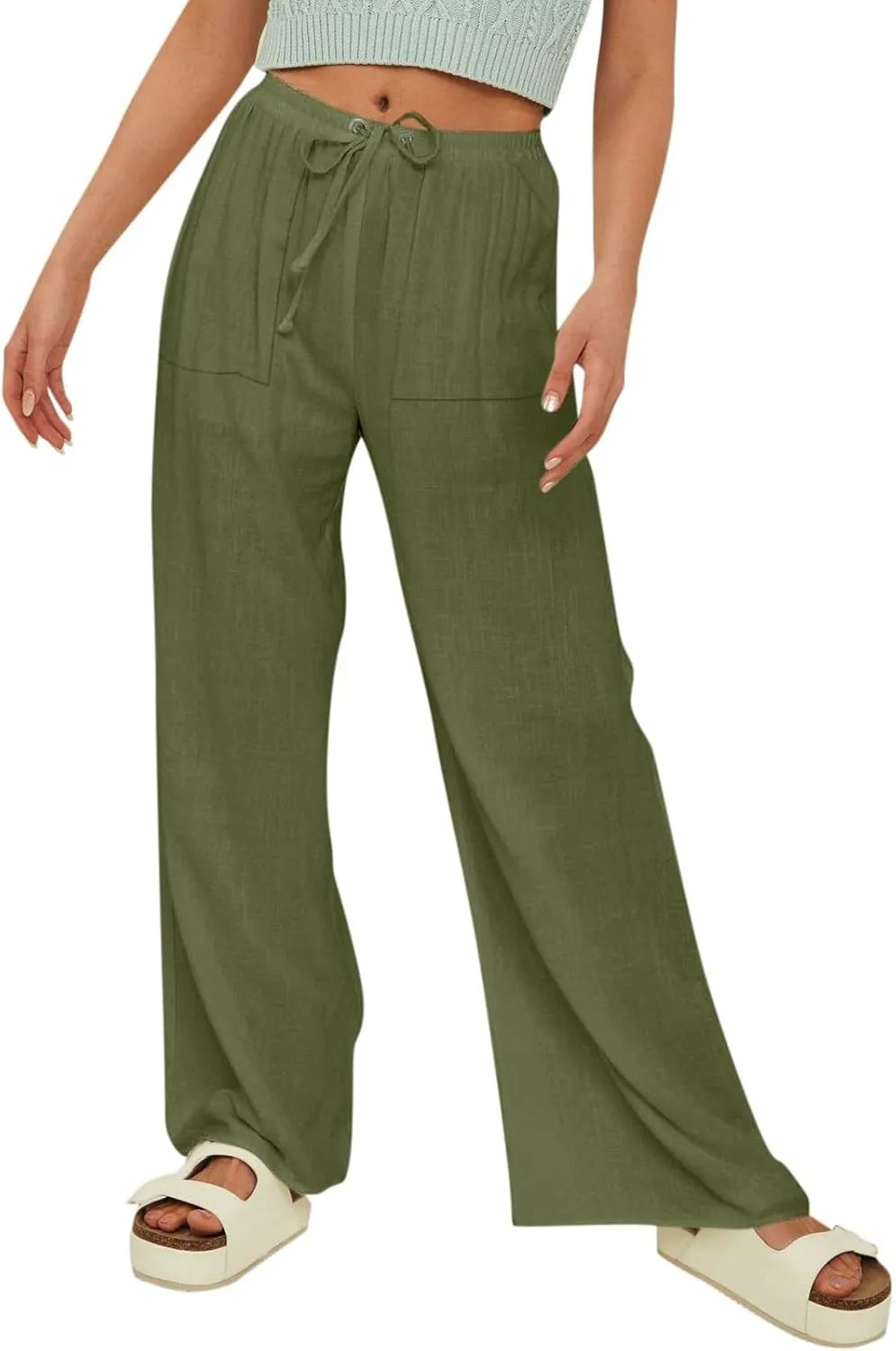 Women's Linen Summer Palazzo Pants Flowy Drawstring Elastic Waist Wide Leg Palazzo Pants Loose Casual Fashion Trouser