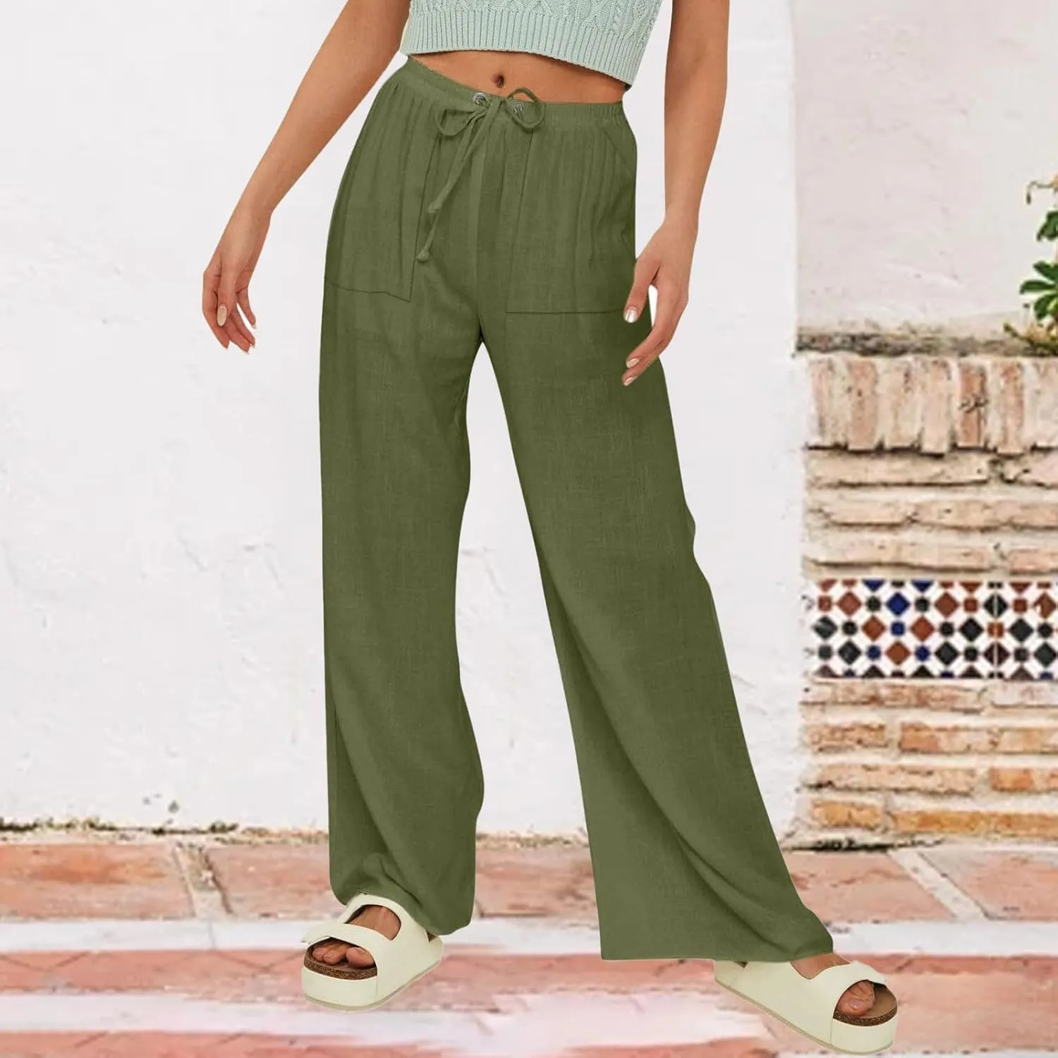 Women's Linen Summer Palazzo Pants Flowy Drawstring Elastic Waist Wide Leg Palazzo Pants Loose Casual Fashion Trouser