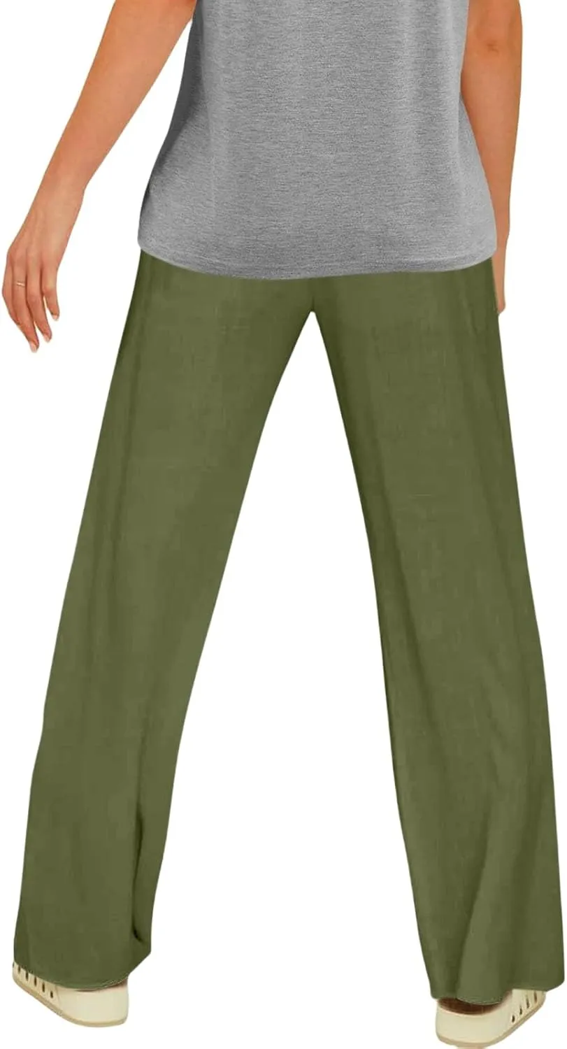 Women's Linen Summer Palazzo Pants Flowy Drawstring Elastic Waist Wide Leg Palazzo Pants Loose Casual Fashion Trouser