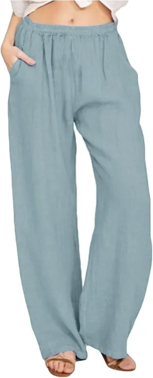 Womens Linen Trousers,Summer Boho Palazzo Pants Wide Leg High Waisted Drawstring Loose Lounge Long Pant with Pockets