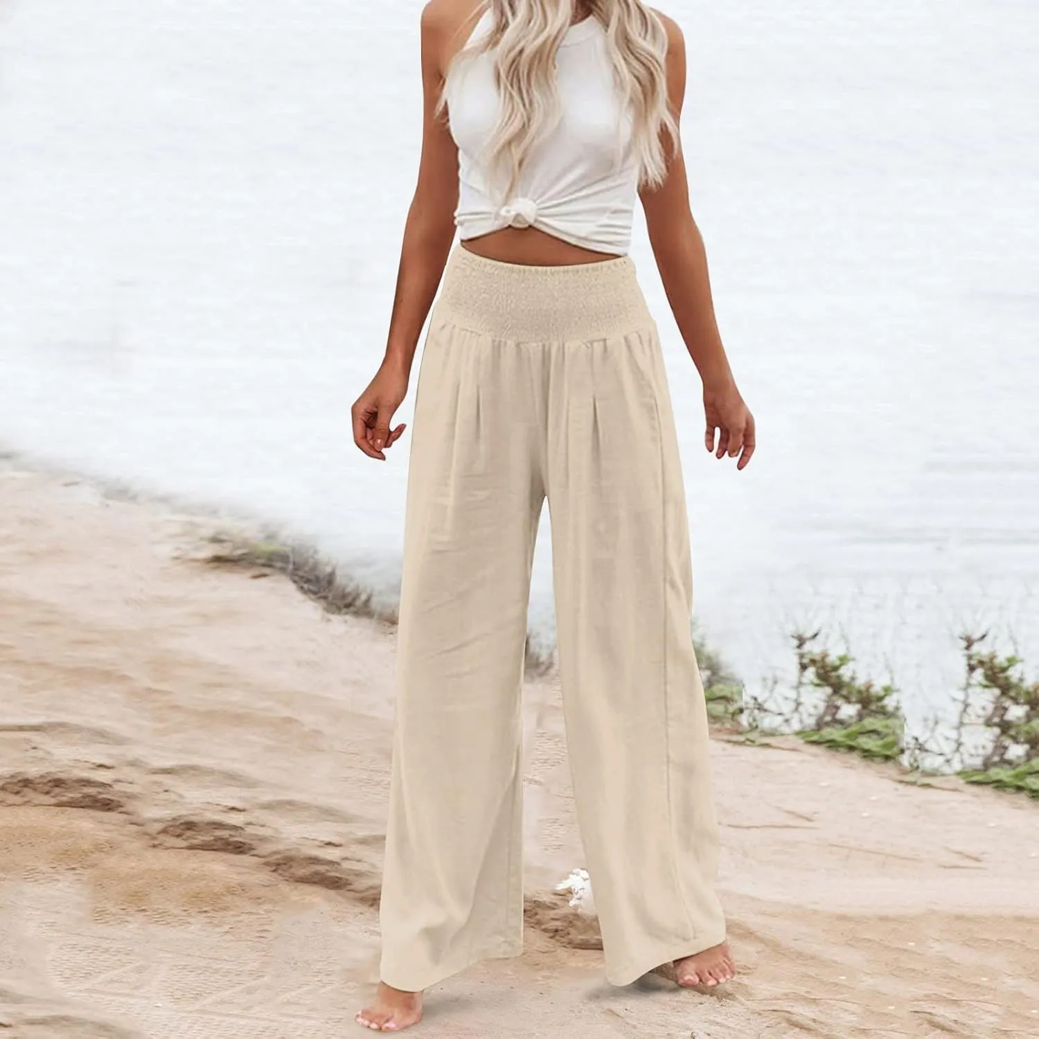 Women's Linen Wide Leg Pants Cotton Elastic High Waisted Palazzo Trousers Summer 2024 Casual Loose Straight Wide Leg Pants