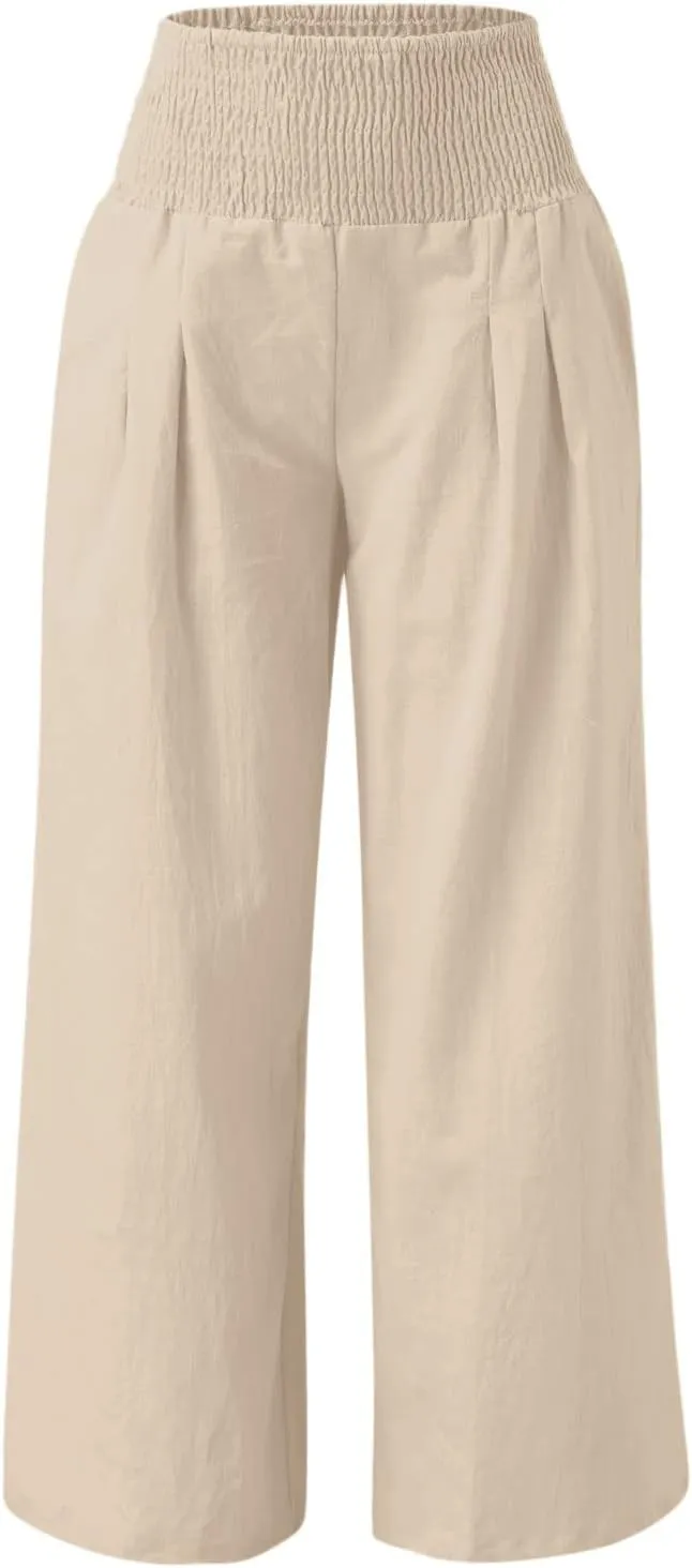 Women's Linen Wide Leg Pants Cotton Elastic High Waisted Palazzo Trousers Summer 2024 Casual Loose Straight Wide Leg Pants