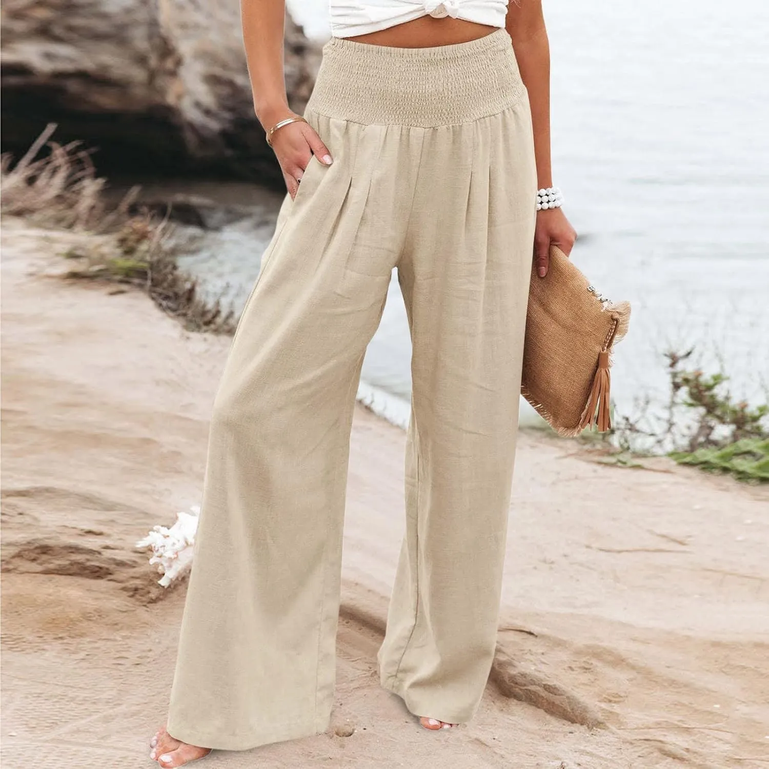 Women's Linen Wide Leg Pants Cotton Elastic High Waisted Palazzo Trousers Summer 2024 Casual Loose Straight Wide Leg Pants