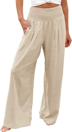 Women's Linen Wide Leg Pants Cotton Elastic High Waisted Palazzo Trousers Summer 2024 Casual Loose Straight Wide Leg Pants