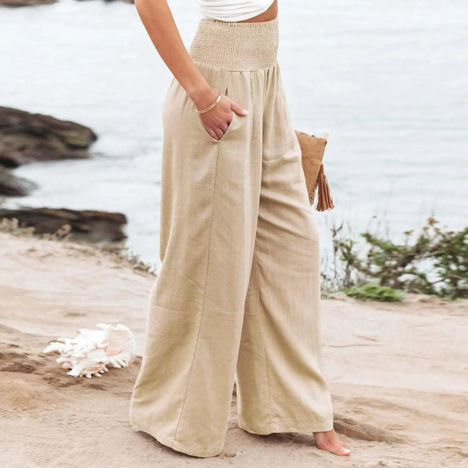 Women's Linen Wide Leg Pants Cotton Elastic High Waisted Palazzo Trousers Summer 2024 Casual Loose Straight Wide Leg Pants
