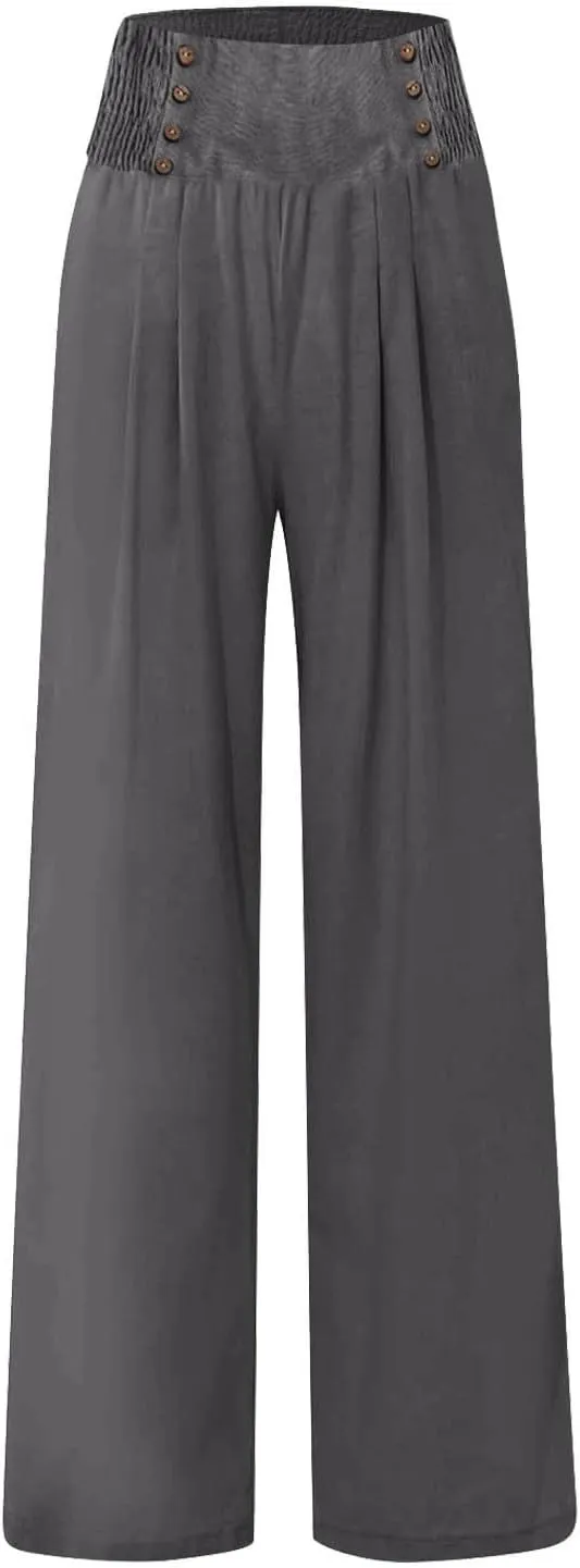 Womens Pants Summer Cotton Linen Wide Leg Pants Loose Palazzo Trouser Elastic Waist Pocket Button Casual Sweatpants