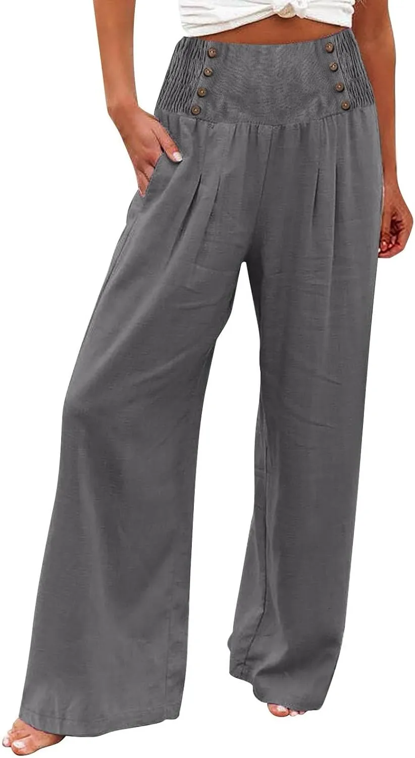 Womens Pants Summer Cotton Linen Wide Leg Pants Loose Palazzo Trouser Elastic Waist Pocket Button Casual Sweatpants
