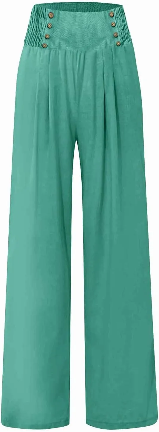 Womens Pants Summer Cotton Linen Wide Leg Pants Loose Palazzo Trouser Elastic Waist Pocket Button Casual Sweatpants