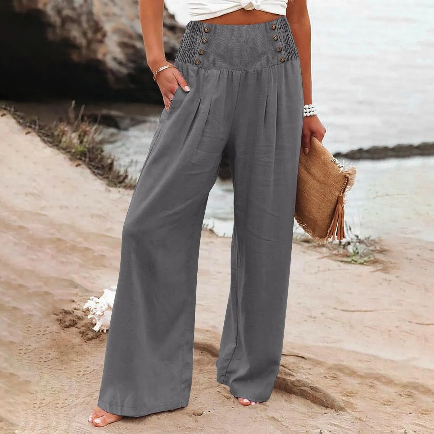 Womens Pants Summer Cotton Linen Wide Leg Pants Loose Palazzo Trouser Elastic Waist Pocket Button Casual Sweatpants