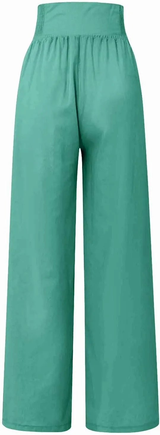 Womens Pants Summer Cotton Linen Wide Leg Pants Loose Palazzo Trouser Elastic Waist Pocket Button Casual Sweatpants