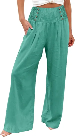 Womens Pants Summer Cotton Linen Wide Leg Pants Loose Palazzo Trouser Elastic Waist Pocket Button Casual Sweatpants