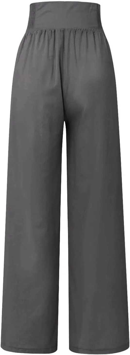 Womens Pants Summer Cotton Linen Wide Leg Pants Loose Palazzo Trouser Elastic Waist Pocket Button Casual Sweatpants