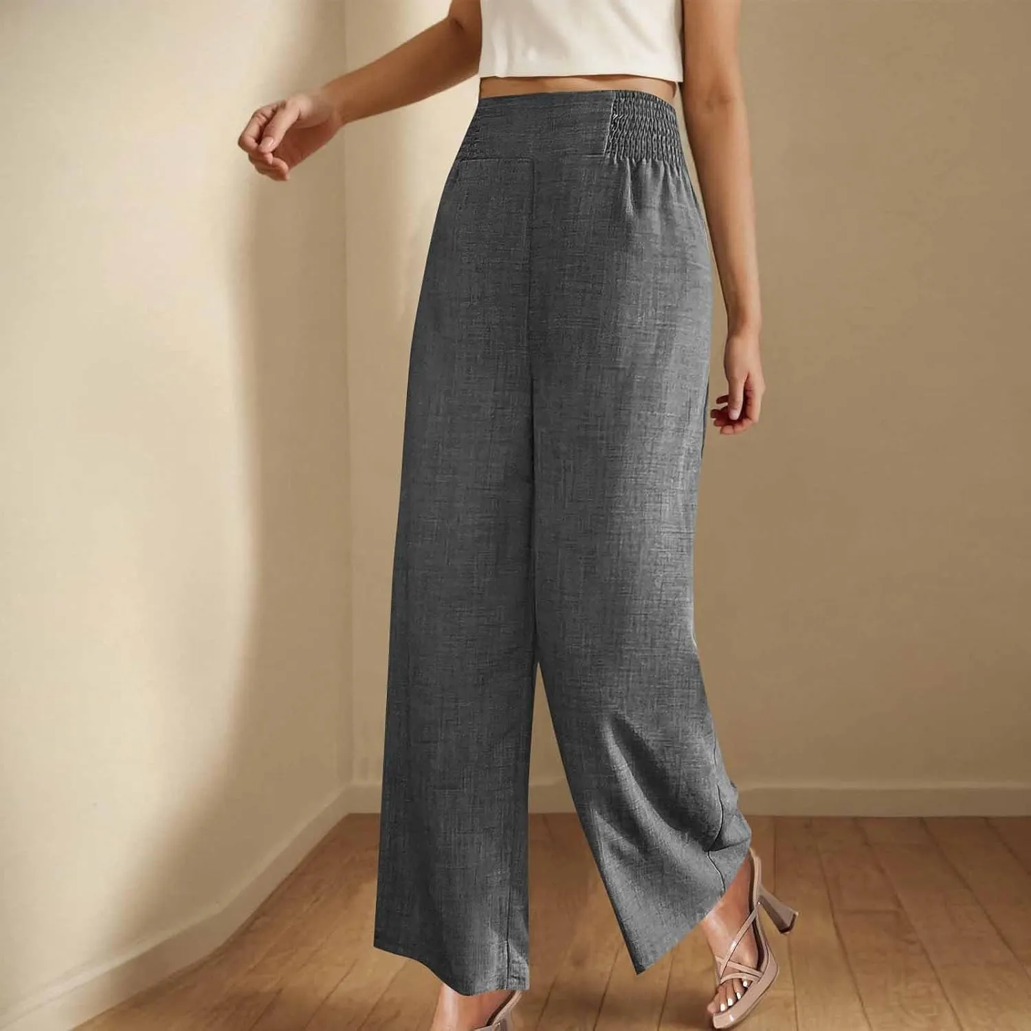 Womens Petite Wide Leg Pants Casual Summer Dress Pant High Waist Straight Trousers Joggers Slacks Outfits with Pockets