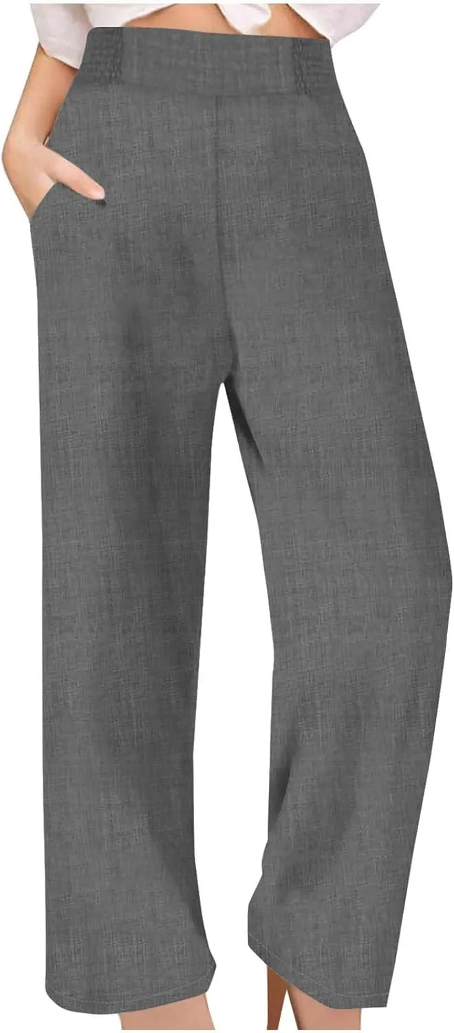 Womens Petite Wide Leg Pants Casual Summer Dress Pant High Waist Straight Trousers Joggers Slacks Outfits with Pockets
