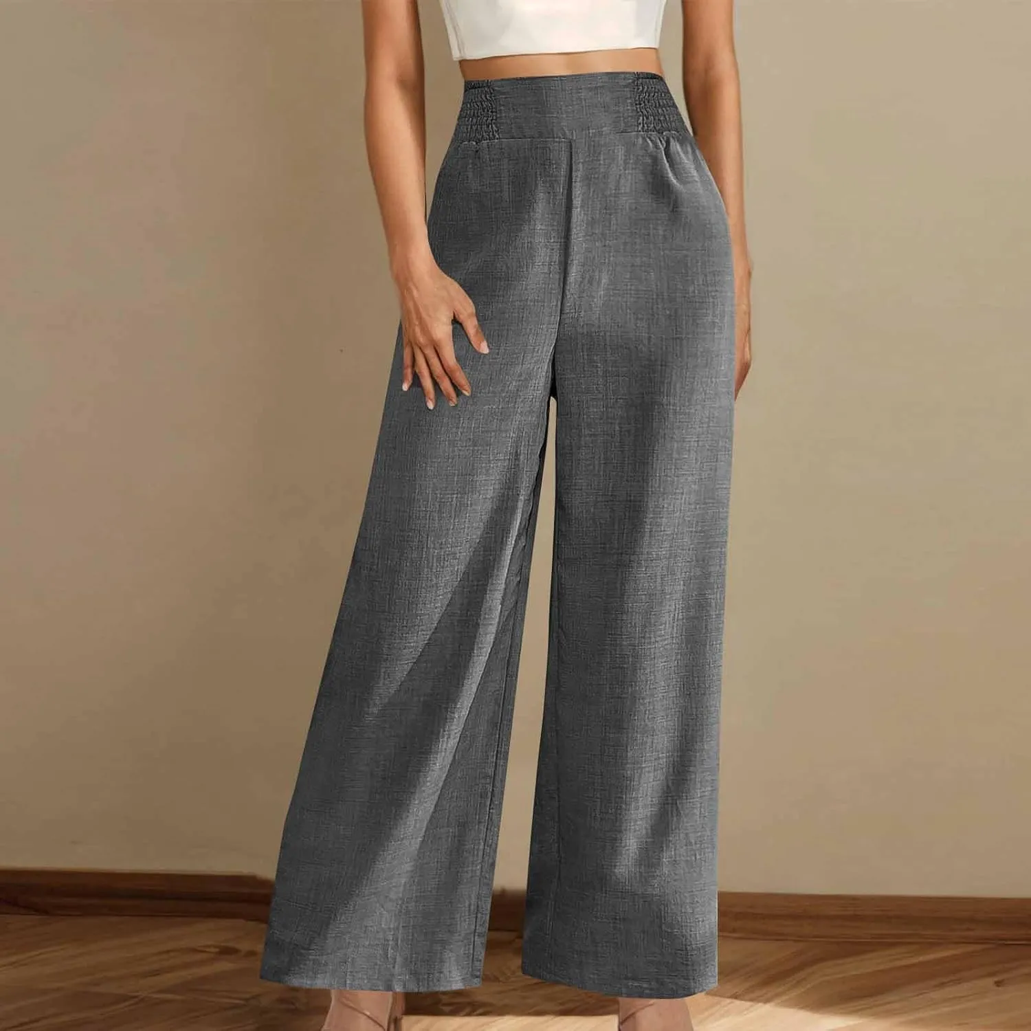 Womens Petite Wide Leg Pants Casual Summer Dress Pant High Waist Straight Trousers Joggers Slacks Outfits with Pockets