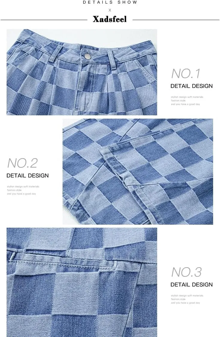 Womens Plaid Print Baggy Wide Leg Jeans High Waisted Straight Leg Denim Pants Chessboard Pattern Jeans