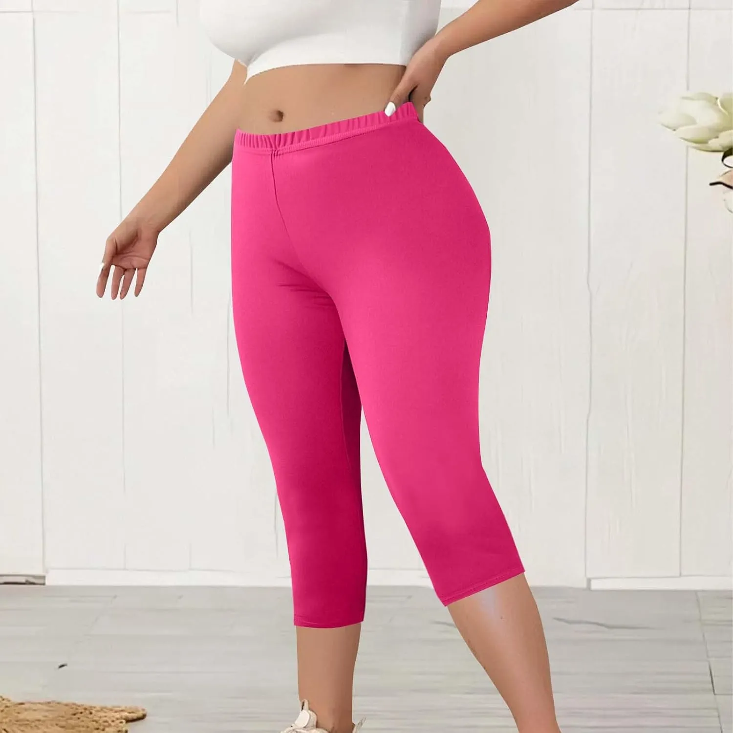 Womens Plus Size Capri Leggings Elastic High Waist Yoga Cropped Pants Tummy Control Oversized Capris Ladies Outfits