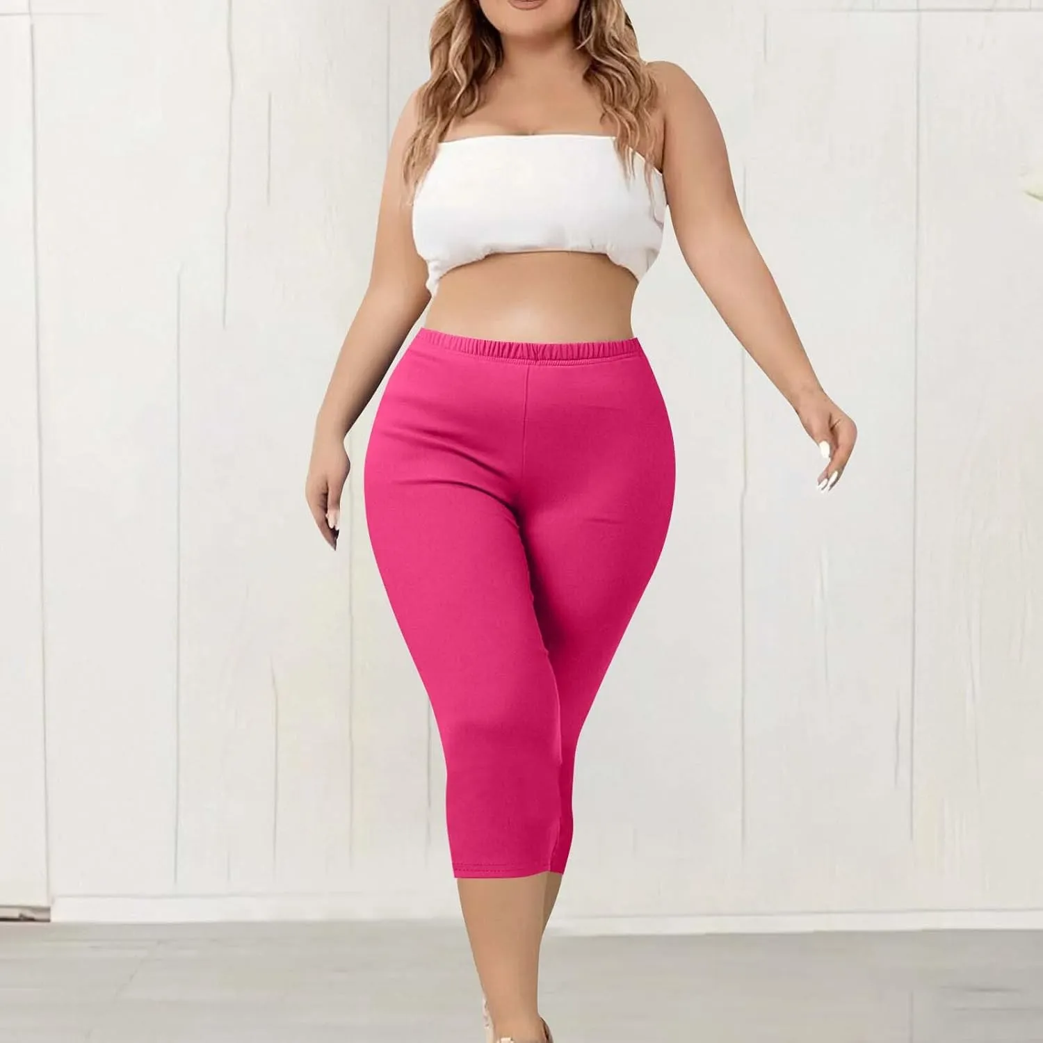 Womens Plus Size Capri Leggings Elastic High Waist Yoga Cropped Pants Tummy Control Oversized Capris Ladies Outfits