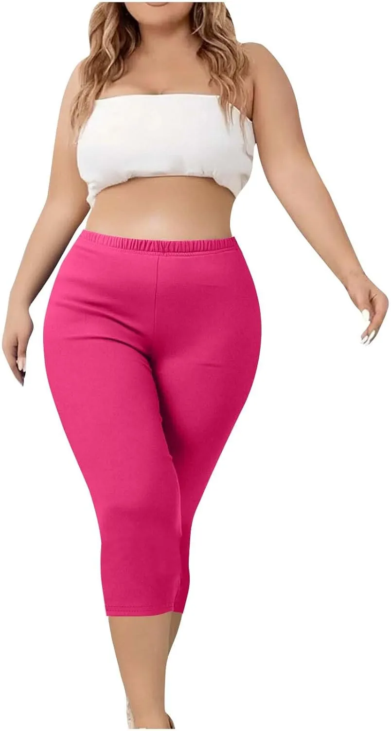 Womens Plus Size Capri Leggings Elastic High Waist Yoga Cropped Pants Tummy Control Oversized Capris Ladies Outfits
