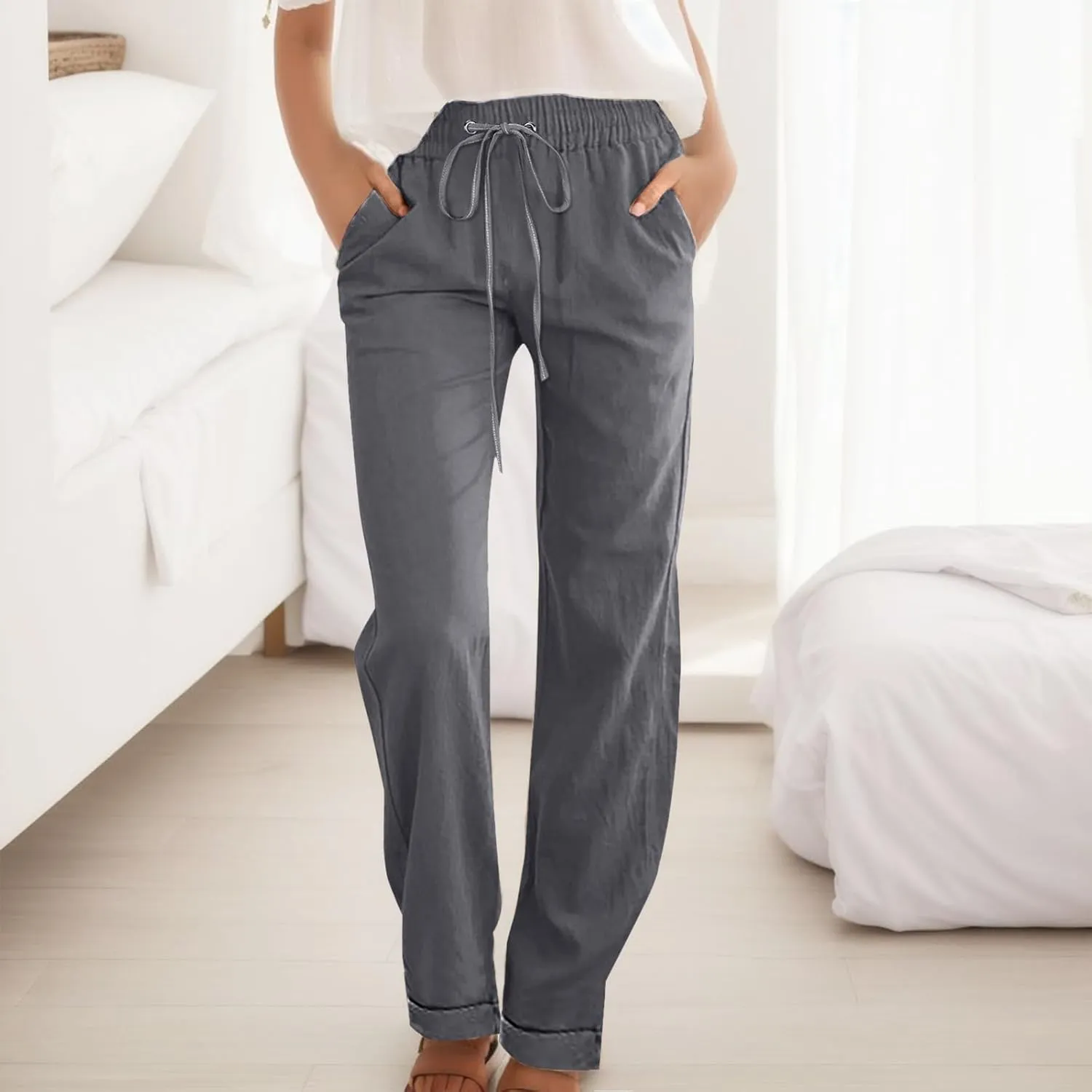 Women's Straight Leg Pants Winter Slack Travel Slacks with Pockets Wide Leg High Waisted