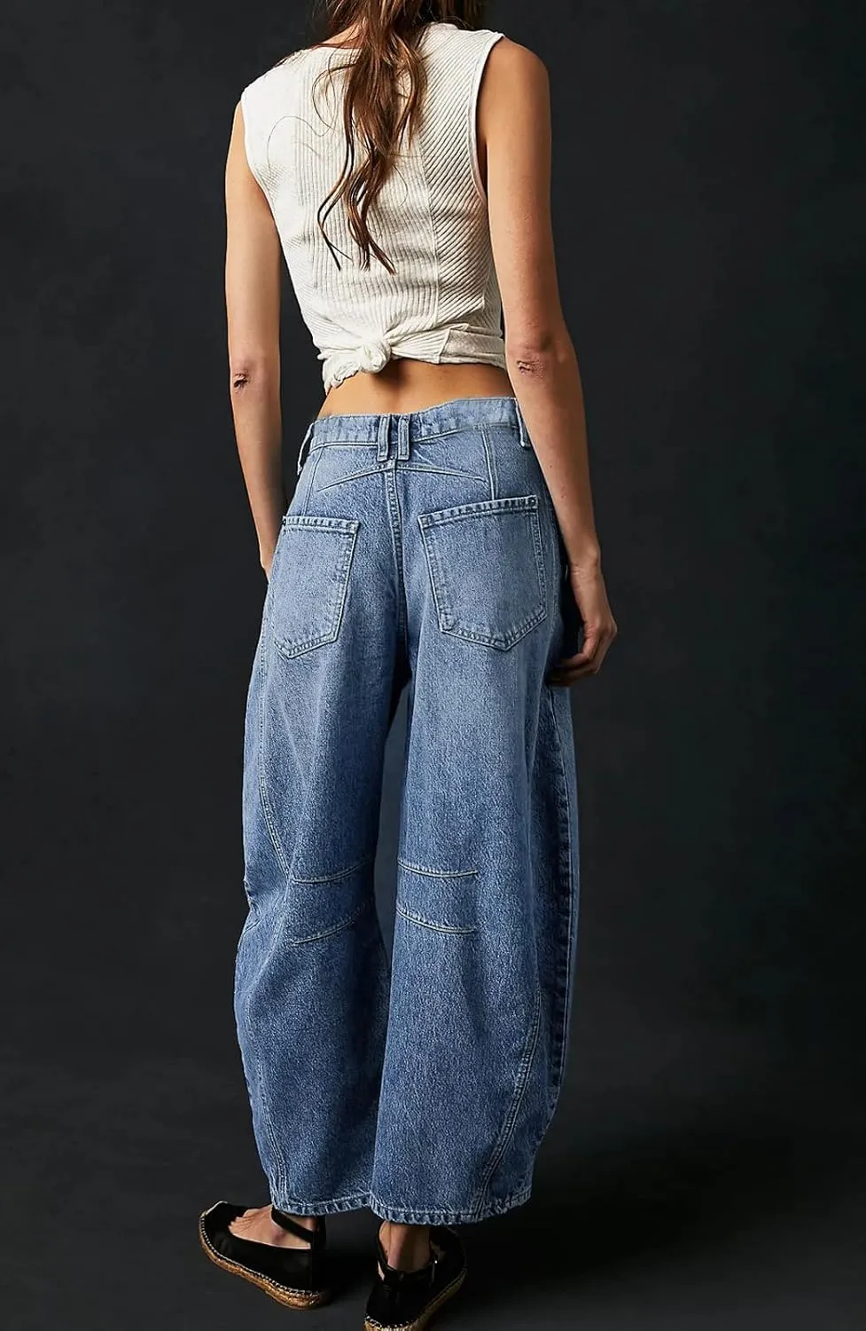 Womens Stretchy Mid Rise Barrel Jeans Vintage Loose Wide Leg Cropped Denim Pants Y2k Baggy Boyfriend Jeans