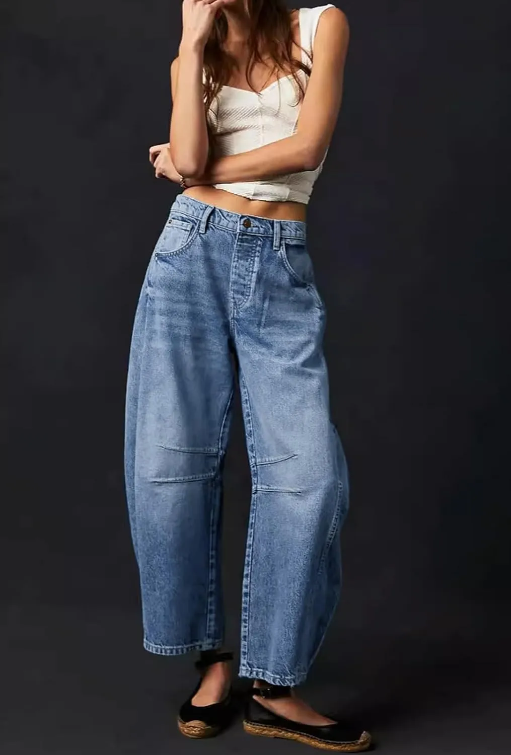 Womens Stretchy Mid Rise Barrel Jeans Vintage Loose Wide Leg Cropped Denim Pants Y2k Baggy Boyfriend Jeans