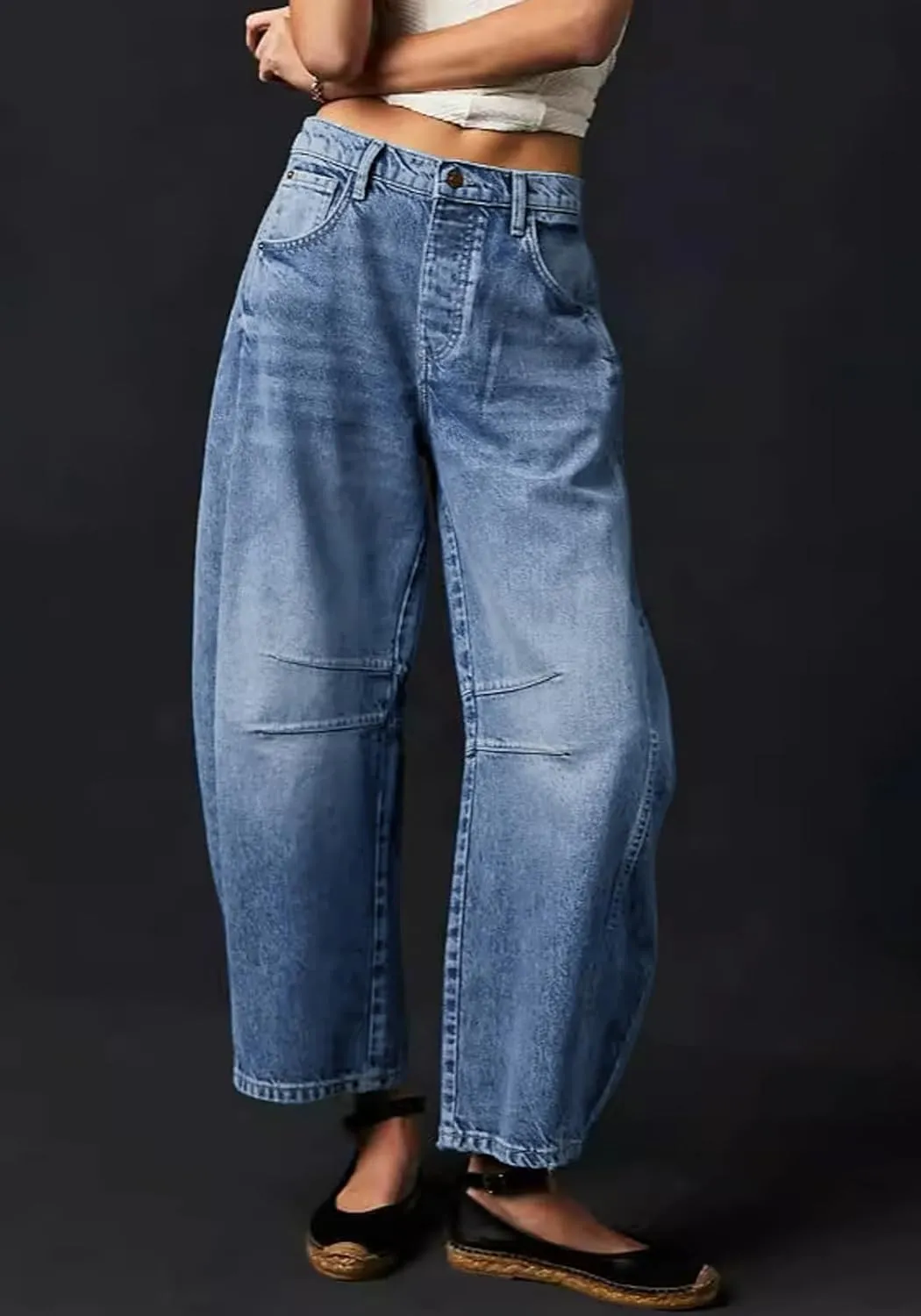 Womens Stretchy Mid Rise Barrel Jeans Vintage Loose Wide Leg Cropped Denim Pants Y2k Baggy Boyfriend Jeans